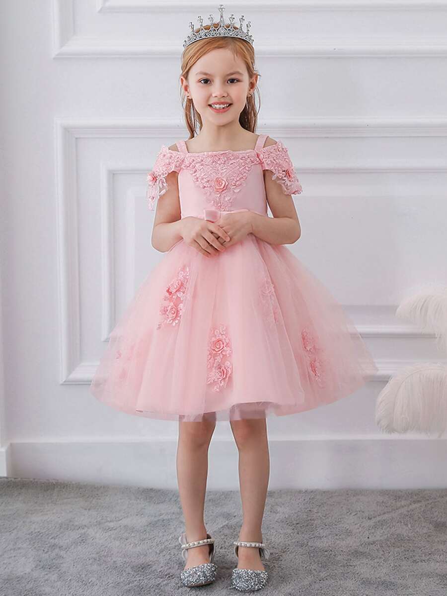 Vestido de Princesa Elegante con Lazo, Malla, Satén y Mangas Abullonadas para Niñas Jóvenes, Adecuado para Fiestas, Diadema No Incluida - Rosa coral - Ver 1