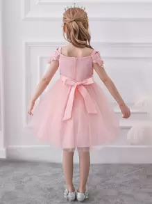 Vestido de Princesa Elegante con Lazo, Malla, Satén y Mangas Abullonadas para Niñas Jóvenes, Adecuado para Fiestas, Diadema No Incluida - Rosa coral - Ver 2