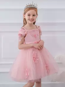 Vestido de Princesa Elegante con Lazo, Malla, Satén y Mangas Abullonadas para Niñas Jóvenes, Adecuado para Fiestas, Diadema No Incluida - Rosa coral - Ver 3