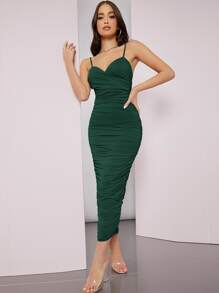 SHEIN BAE 素色抽褶包臀連衣裙 - 墨綠色 - 查看 1