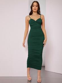 SHEIN BAE 素色抽褶包臀連衣裙 - 墨綠色 - 查看 5