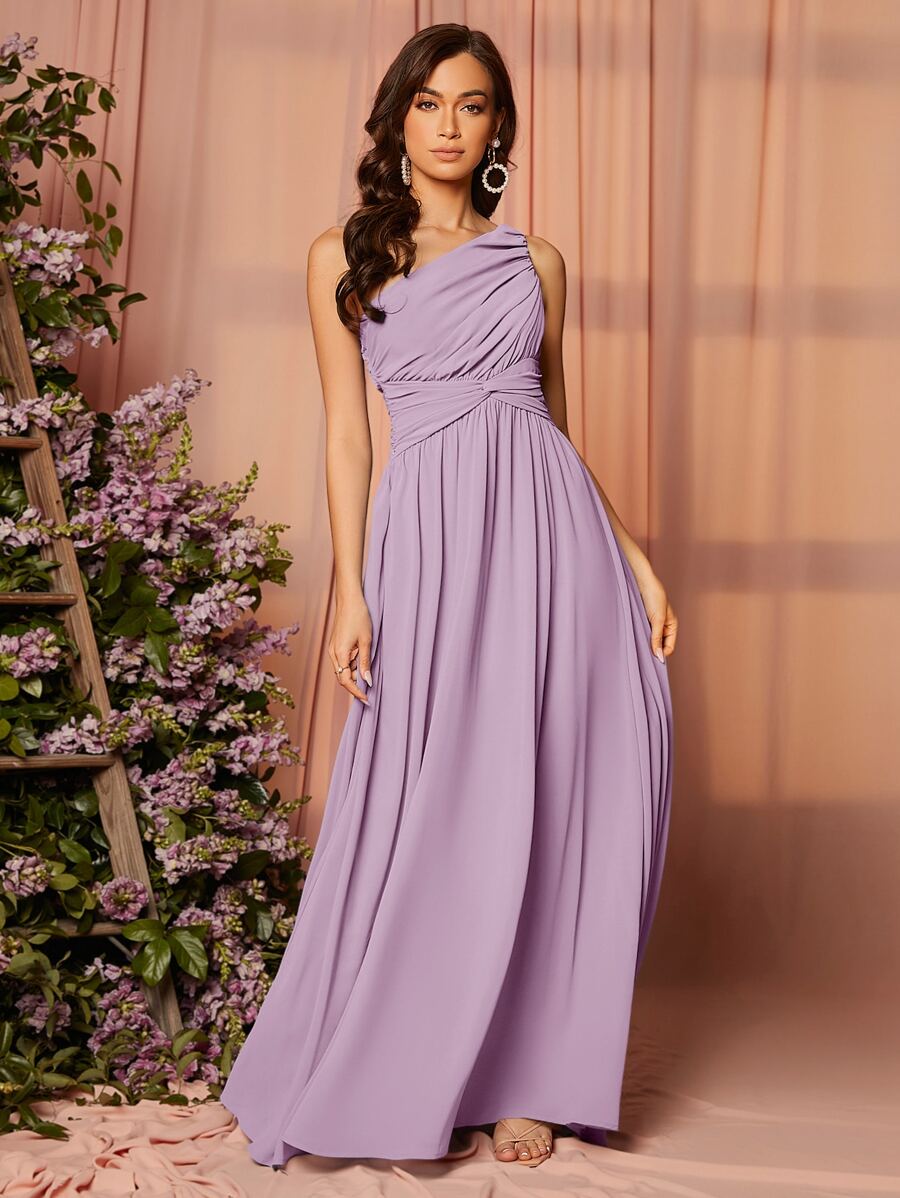 SHEIN Belle One Shoulder Twist Front Ruched Maxi Bridesmaid Dress - Lilac Purple - View 1