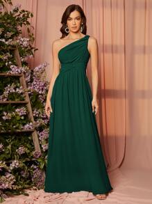 SHEIN Belle Solid Color Sleeveless Pleated Elegant Bridesmaid Dress