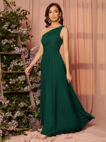 SHEIN Belle Solid Color Sleeveless Pleated Elegant Bridesmaid Dress