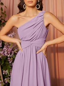 SHEIN Belle One Shoulder Twist Front Ruched Maxi Bridesmaid Dress - Lilac Purple - View 4