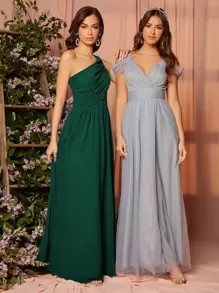 SHEIN Belle Solid Color Sleeveless Pleated Elegant Bridesmaid Dress