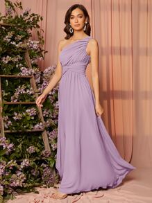 SHEIN Belle One Shoulder Twist Front Ruched Maxi Bridesmaid Dress - Lilac Purple - View 5