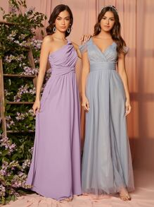 SHEIN Belle One Shoulder Twist Front Ruched Maxi Bridesmaid Dress - Lilac Purple - View 6