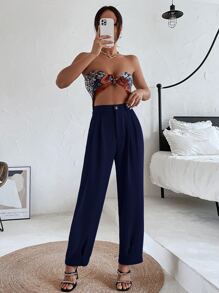 SHEIN Privé 褶皺斜口袋長褲 - 藏蓝色 - 查看 1