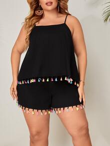 SHEIN VCAY Conjunto de top de tirantes y shorts ribete con fleco - Negro - Ver 4