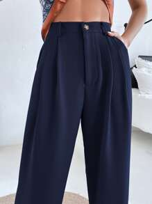 SHEIN Privé 褶皺斜口袋長褲 - 藏蓝色 - 查看 3