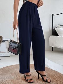 SHEIN Privé 褶皺斜口袋長褲 - 藏蓝色 - 查看 6