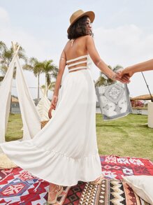 Cut Out Tie Back Shirred Dress - White - View 3