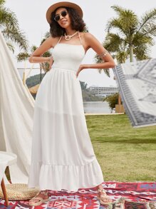 Cut Out Tie Back Shirred Dress - White - View 2