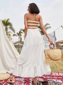 Cut Out Tie Back Shirred Dress - White - View 1