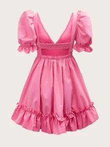 Soleia Puff Sleeve Backless Ruffle Hem Dress - Pink - View 2