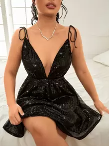 SHEIN Privé Tie Shoulder Deep V Neck Sequins Dress