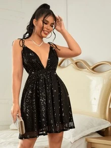 SHEIN Privé Tie Shoulder Deep V Neck Sequins Dress