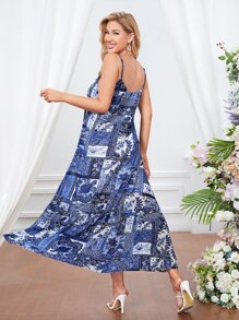 SHEIN Đầm Viên lá sen Thắt nơ trước Paisley Chắp vá Boho - Nhiều màu - Xem 2