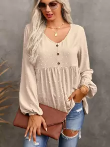 SHEIN LUNE Áo Peplum tay đèn lồng chi tiết nút Swiss Dot - Màu be - Xem 4