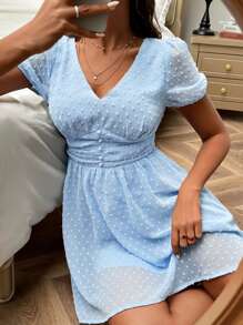 SHEIN Swiss Dot Puff Sleeve Fake Button Dress - Baby Blue - View 2