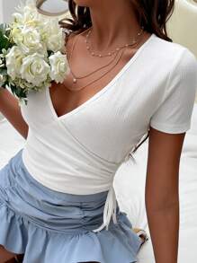 SHEIN Frenchy 條紋針織側抽繩T恤 - 白色 - 查看 1