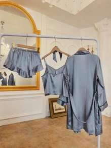 4pcs Ruffle Hem Knot Front Contrast Piping Satin PJ Set & Hair Tie - Dusty Blue - View 2