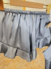 4pcs Ruffle Hem Knot Front Contrast Piping Satin PJ Set & Hair Tie - Dusty Blue - View 4