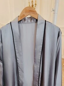 4pcs Ruffle Hem Knot Front Contrast Piping Satin PJ Set & Hair Tie - Dusty Blue - View 5