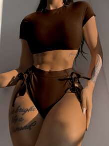 Criss Cross Drawstring Bikini Set, For Summer Beach Vacation - Chocolate Brown - View 1