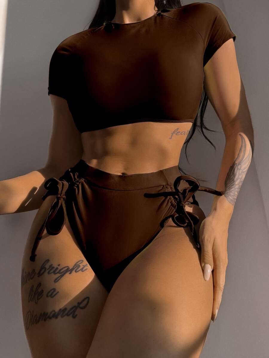 Criss Cross Drawstring Bikini Set, For Summer Beach Vacation - Chocolate Brown - View 1