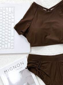 Criss Cross Drawstring Bikini Set, For Summer Beach Vacation - Chocolate Brown - View 3