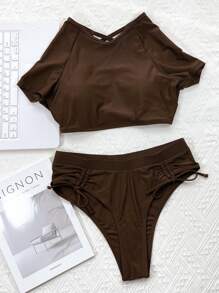 Criss Cross Drawstring Bikini Set, For Summer Beach Vacation - Chocolate Brown - View 4