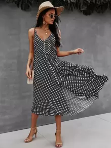 SHEIN VCAY Button Through Drawstring Waist Polka Dot Cami Dress - Black and White - View 1