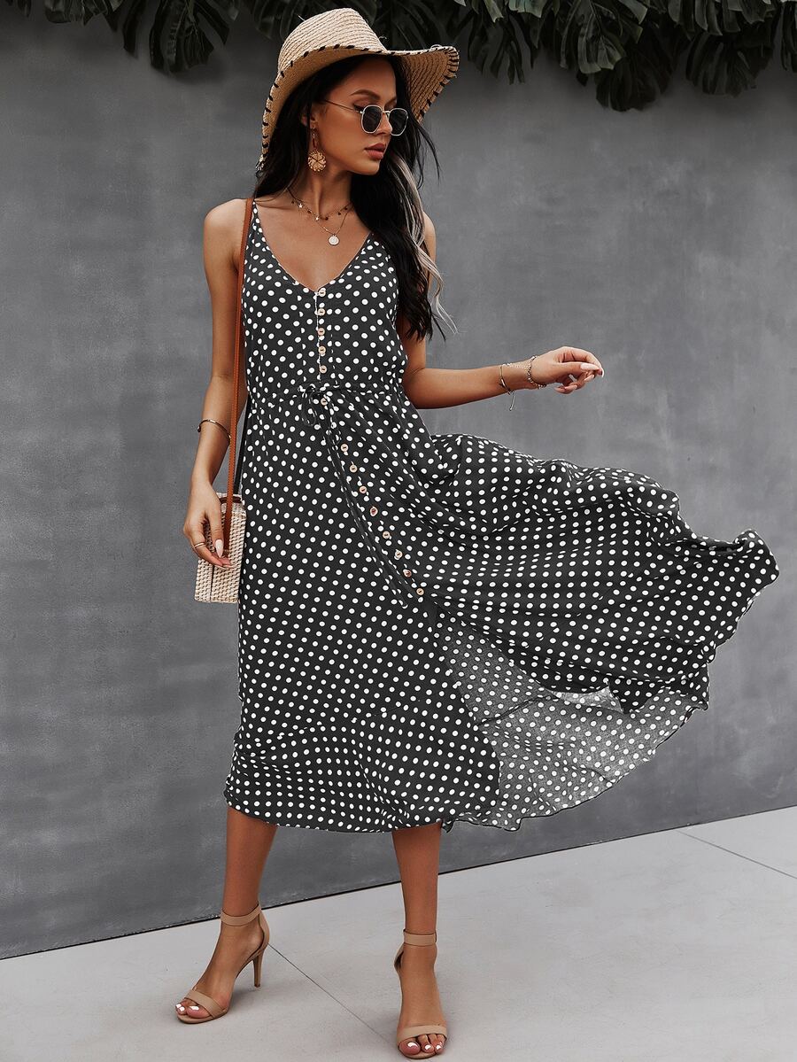 SHEIN VCAY Button Through Drawstring Waist Polka Dot Cami Dress - Black and White - View 1