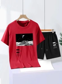 Manfinity Homme Men Letter & Picture Print Drop Shoulder Tee & Drawstring Waist Shorts - Multicolor - View 1