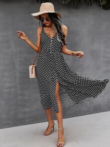 SHEIN VCAY Button Through Drawstring Waist Polka Dot Cami Dress - Black and White - View 4