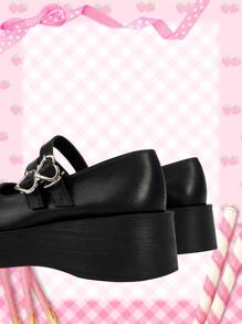 ROMWE Kawaii 愛心裝飾厚底瑪麗珍女鞋 - 黑色 - 查看 4