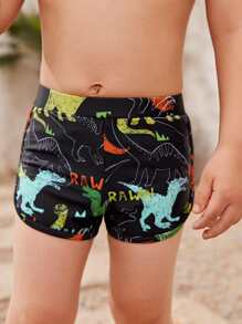 Young Boy Dinosaur & Letter Graphic Swim Shorts - Black - View 1