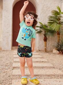 Young Boy Dinosaur & Letter Graphic Swim Shorts - Black - View 6