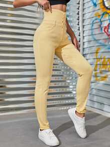 High Waist Button Front Skinny Jeans - Yellow - View 1
