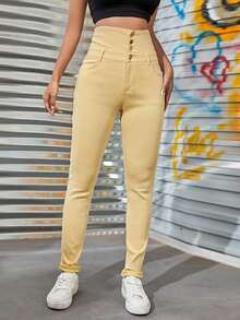 High Waist Button Front Skinny Jeans - Yellow - View 3