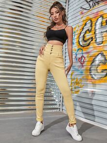 High Waist Button Front Skinny Jeans - Yellow - View 4