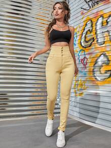 High Waist Button Front Skinny Jeans - Yellow - View 6