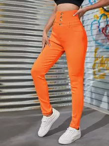 Women Jeans Kantong Zip Tombol Depan Plain - Jeruk - View 1