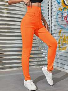 Women Jeans Kantong Zip Tombol Depan Plain - Jeruk - View 4