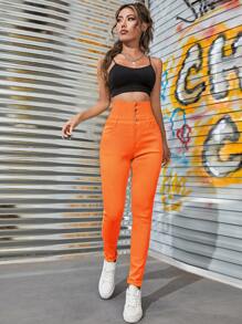 Women Jeans Kantong Zip Tombol Depan Plain - Jeruk - View 5