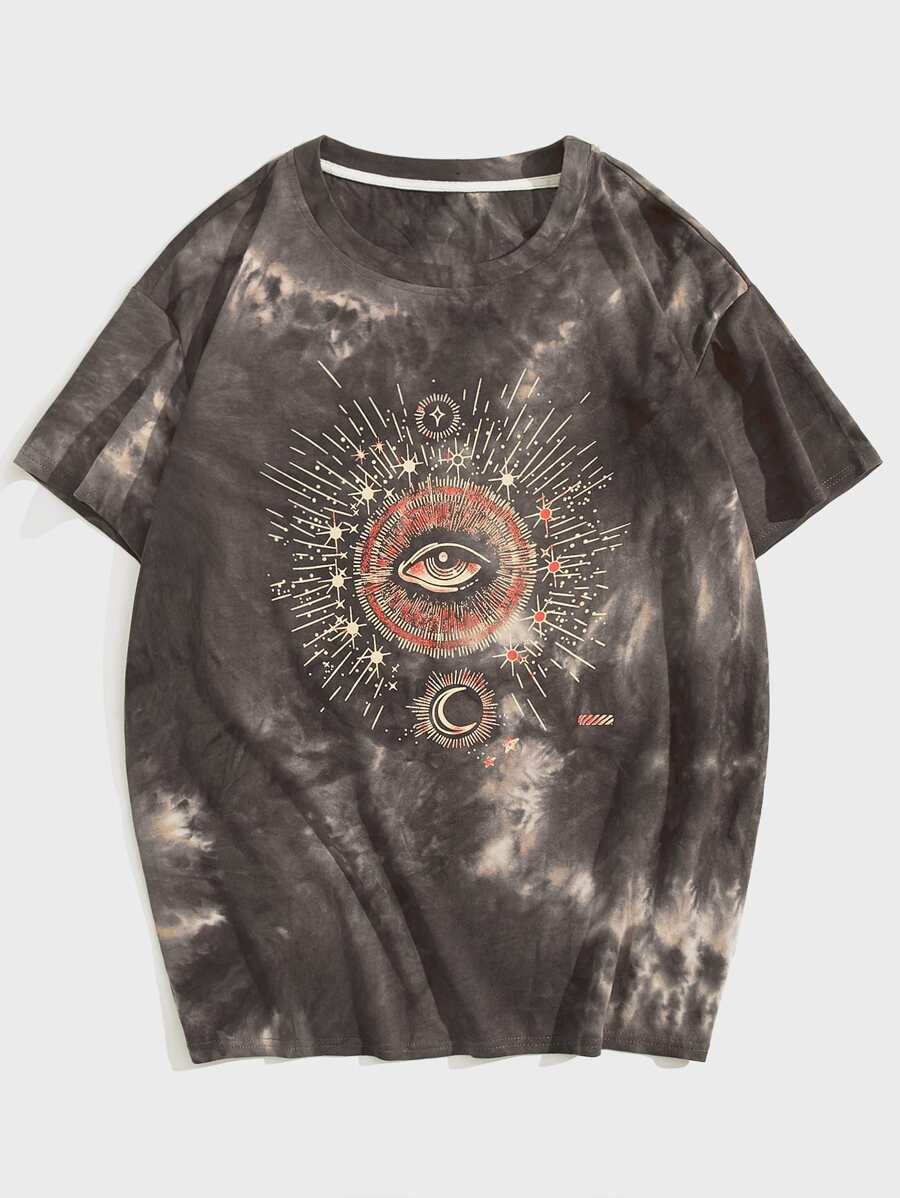 ROMWE MEN Guys Tie Dye Eye Print Oversized Tee - Multicolor - View 1