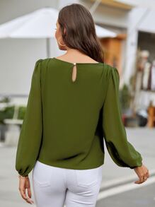 EMERY ROSE 灯笼袖锁眼背衬衫，长袖上衣 - 軍綠色 - 查看 2