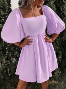 SHEIN VCAY Puff Sleeve Square Neck Dress - Lilac Purple - View 1